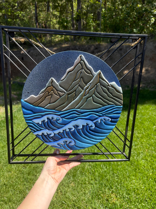 Metal Framed Mountains and Ocean